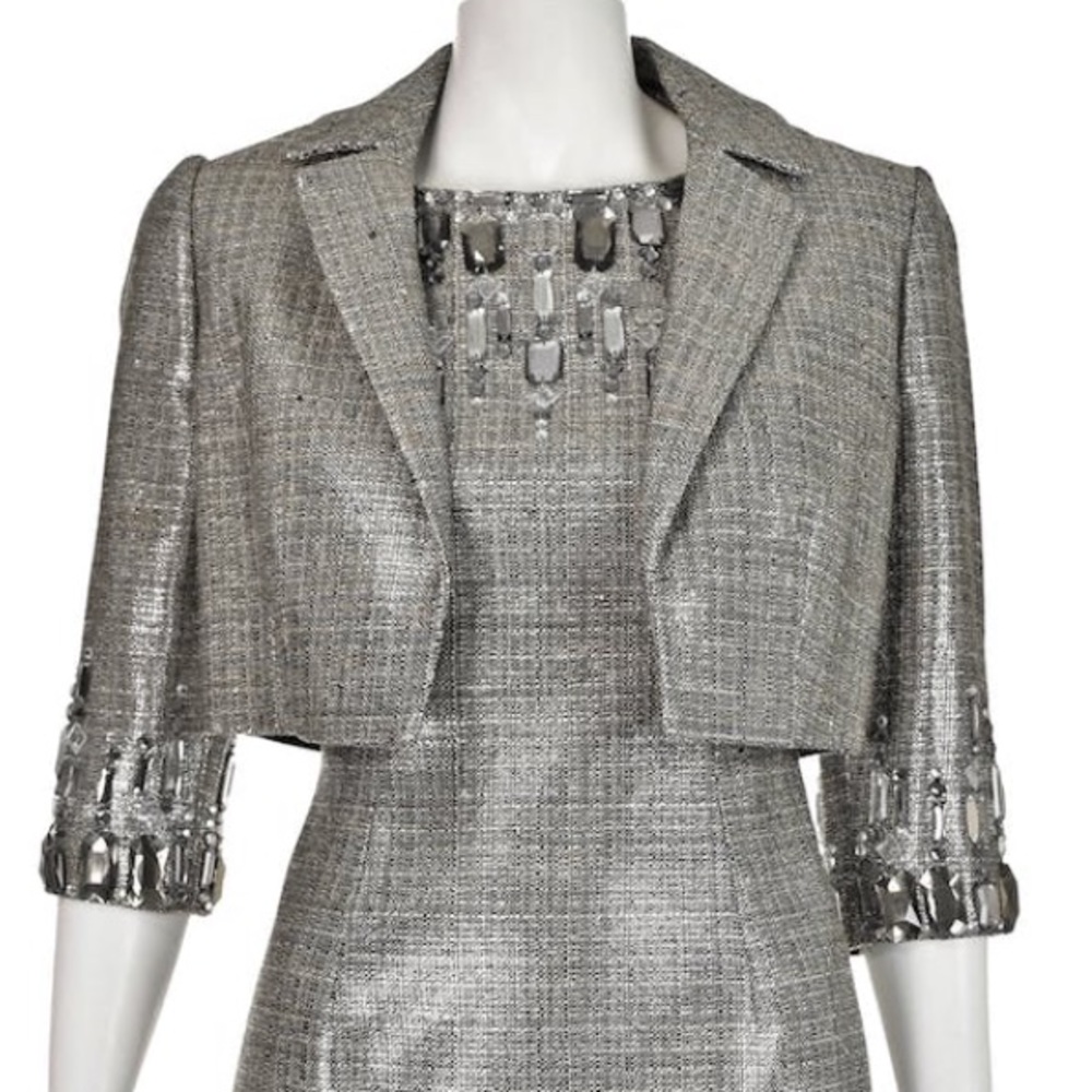 Silver Tweed Evening Jacket Crop Blazer Rhinestone Carmen Marc Valvo Collection
